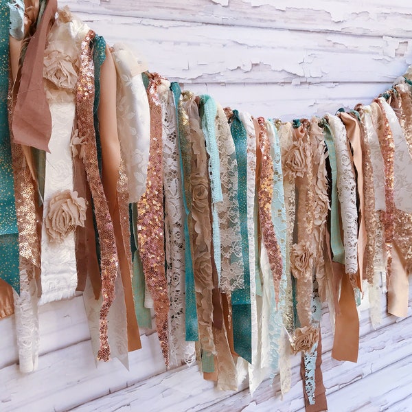 Fabric Garland Holiday Garland copper garland teal garland Christmas Fabric Garland Wedding banner holiday Fabric banner Fall Rag Banner