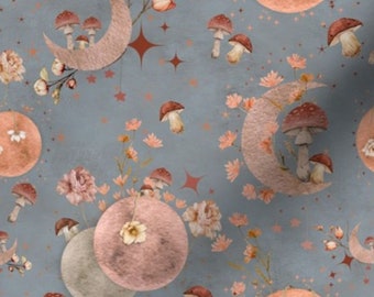 Blue Mushroom Fabric by the yard fabric mushroom fabric moon fabric star fabric textured fabric peach flower fabric october fabric blue