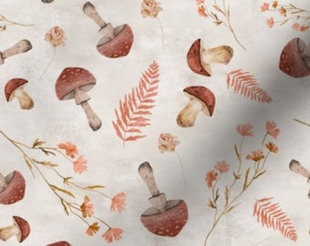 Ivory Mushroom Fabric by the yard fabric mushroom fabric textured fabric woodland fabric peach flower fabric october fabric red mushroom