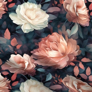 May include: A seamless pattern featuring a repeating design of pink and white roses with green leaves on a dark blue background.