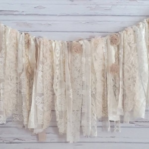 Wedding Rag Garland backdrop white boho wedding decor fabric lace banner vintage fabric garland shabby chic lace table skirt rustic party