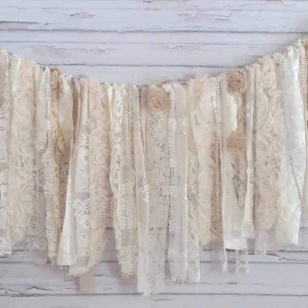 Wedding Rag Garland backdrop white boho wedding decor fabric lace banner vintage fabric garland shabby chic lace table skirt rustic party