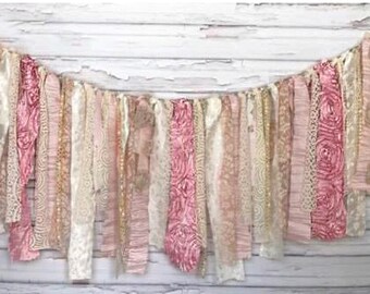 Fabric Garland pink Garland cake smash banner pink birthday garland birthday party pink shabby chic Fabric Rag garland fabric banner pink