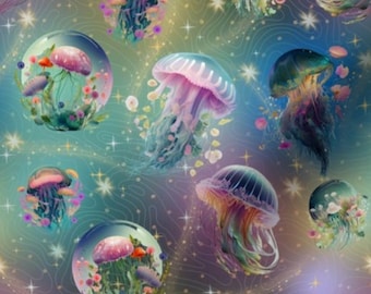 Jelly Fish Fabric by the yard under the sea fabric with jelly fish florescent fabric teal fish fabric ocean fabric for under the sea quilt