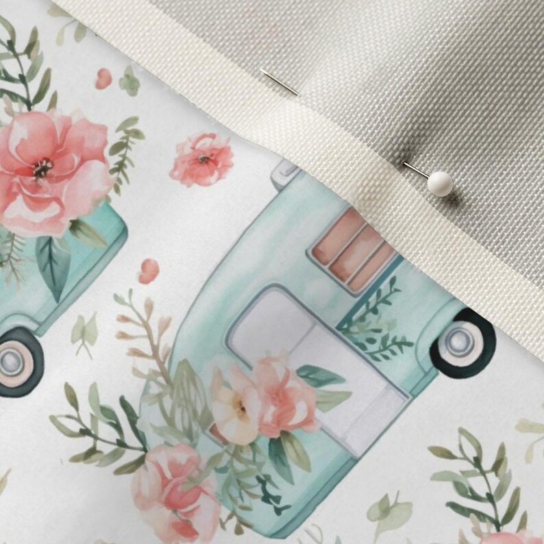 Vintage Travel Camper Fabric by the Yard Glamping Pink Aqua Blue Floral ...