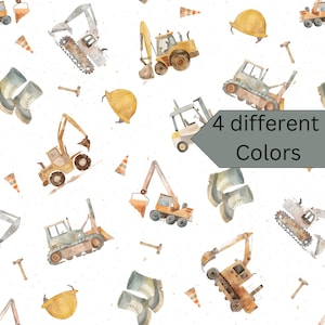 May include: A seamless pattern featuring watercolor illustrations of construction vehicles, tools, and safety gear. The pattern includes excavators, bulldozers, dump trucks, hard hats, cones, and boots. The text "4 different Colors" is included in the image.