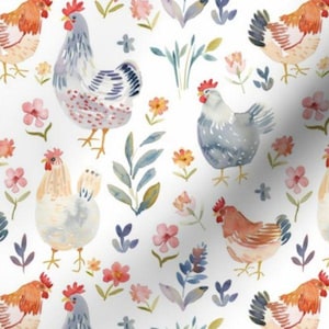 May include: White fabric featuring a repeating pattern of watercolour chickens, flowers, and foliage in orange, pink, blue, and green. The chickens have red combs and are in various poses.