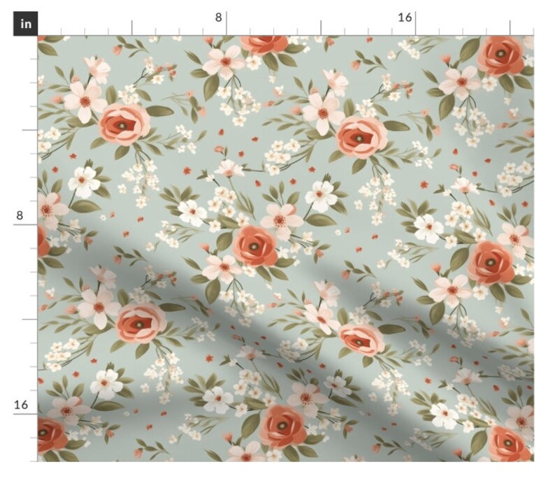 Country floral sage and burnt orange fabric