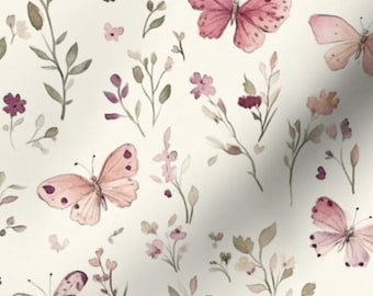 Spring butterfly Fabric by the yard floral cottage pastel easter shabby chic botanical dusty rose small cottage garden flower butterflies
