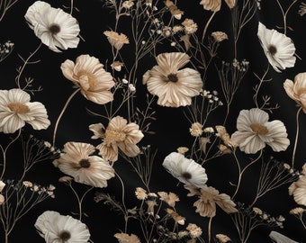May include: A seamless pattern featuring beige and white flowers on a black background. The flowers are stylized and have a delicate, almost translucent appearance.