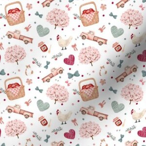 May include: A seamless pattern featuring a white background with pink cherry blossom trees, red hearts, vintage trucks, baskets of red apples, chickens, and other farmhouse-themed elements.