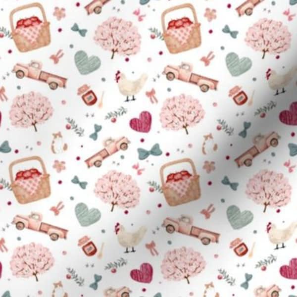 Apple blossom Fabric by the yard apple tree farm fabric for pink farm animal nursery farm animal fabric with pink farm truck fabric chicken