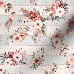 Floral Fabric by the yard fabric french country fabric cottage fabric shabby chic fabric blue stripe fabric peach flower fabric blush