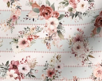 Floral Fabric by the yard fabric french country fabric cottage fabric shabby chic fabric blue stripe fabric peach flower fabric blush