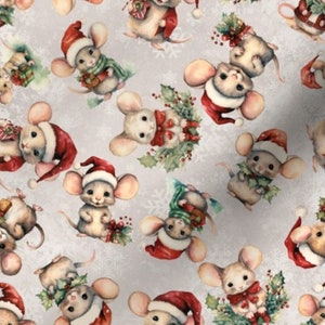 Christmas Mice Fabric by the yard gray Christmas fabric winter mice fabric baby merry mice santa hat fabric festive holiday mice fabric