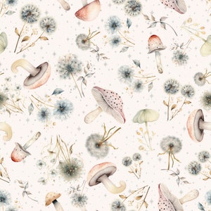 Botanical Mushroom Fabric by the yard blue dandelion fabric with tossed dandelions and tossed mushroom fabric pink mushroom fabric cream
