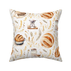 Rustic French sourdough bread fabric turned into a cozy farmhouse pillow, highlighting vintage beige tones, earthy grain and wheat design for kitchen or country living decor