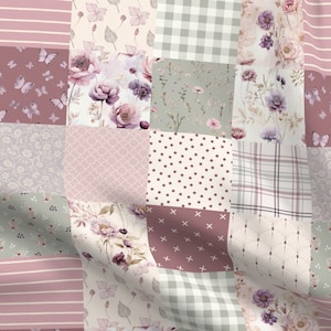 Puede incluir: Una tela de patchwork con una variedad de patrones florales y geométricos en tonos de rosa, verde y blanco. La tela es perfecta para acolchar, manualidades y proyectos de decoración del hogar.