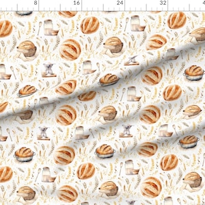 Vintage beige rustic bread fabric featuring French sourdough loaf and dough motifs, farmhouse grain print, and countryside wheat, shown with size chart for quilting and upholstery