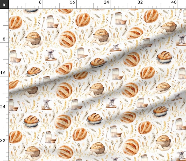 Vintage beige rustic bread fabric featuring French sourdough loaf and dough motifs, farmhouse grain print, and countryside wheat, shown with size chart for quilting and upholstery