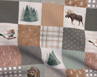 Wildlife Cheater Quilt Fabric by the yard modern rustic baby boy patchwork quilt top with bear and moose woodland earth tone whole cloth