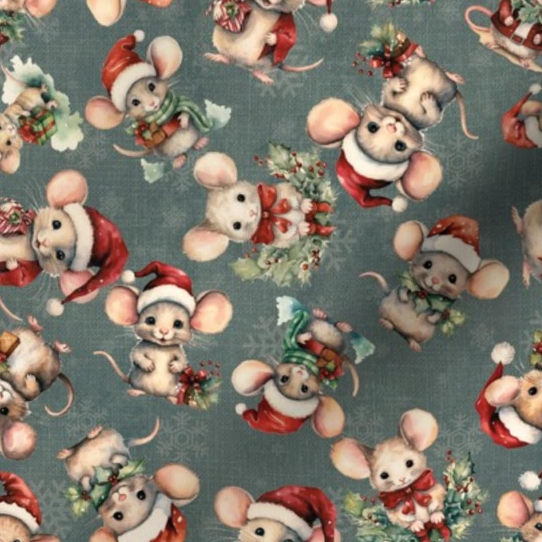 Christmas Mice Fabric by the Yard Green Christmas Fabric Holiday Mice