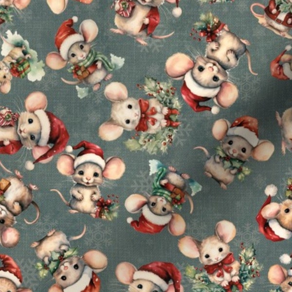 Christmas Mice Fabric by the yard green christmas fabric holiday mice fabric winter mice holding presents fabric merry mice fabric emerald