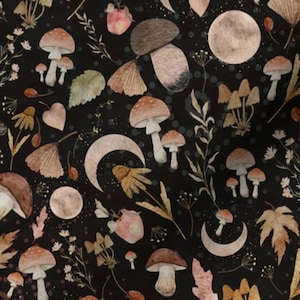 Black Mushroom Fabric by the yard harvest moon mushroom black fabric botanical mushroom moon fabric spooky witch Halloween fabric fall