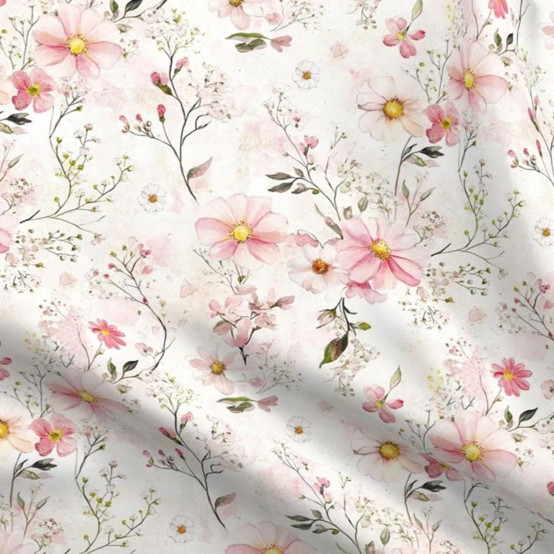 Soft Pink Watercolor Wildflower Fabric by the Yard Vintage Shabby Chic ...