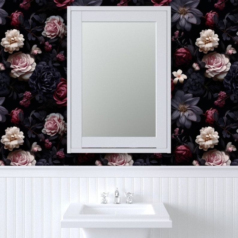 Moody bathroom wallpaper with black and dark flowers