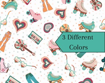 May include: A seamless pattern featuring retro 70s style illustrations of roller skates, guitars, hearts, sunglasses, cassette tapes, and bell bottom trousers in pink, blue, and orange colours. The text "3 Different Colours" is in the centre of the image.