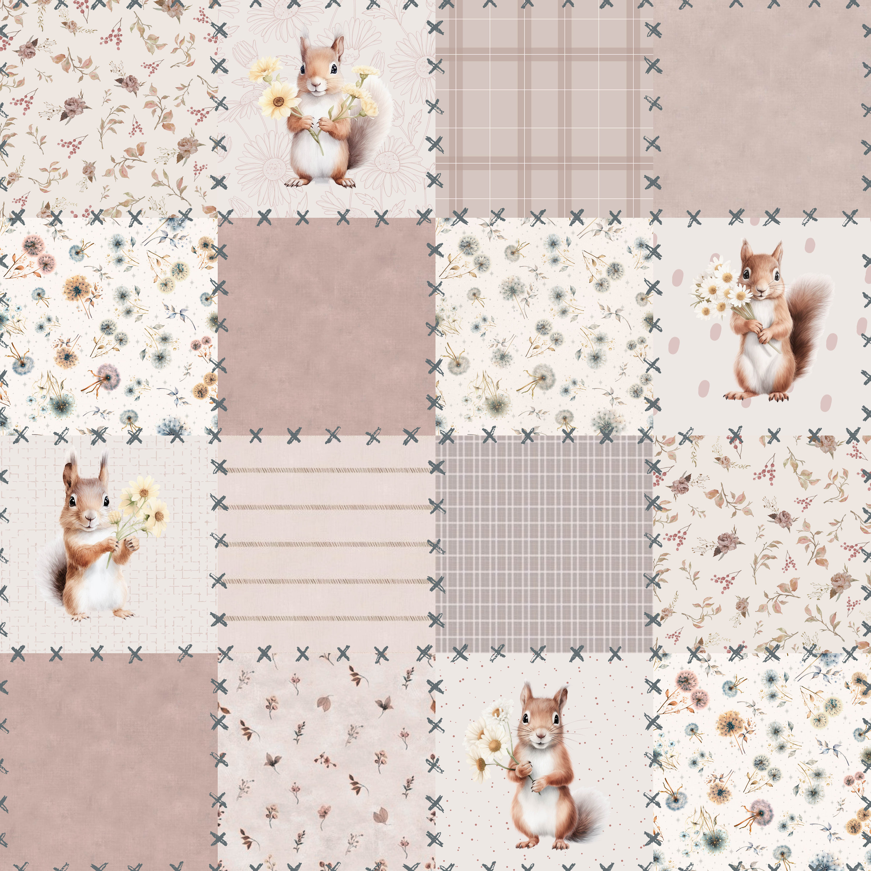 Cheater Quilt Fabric by the Yard Cute Squirrel Fabric With Flower and ...