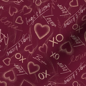 May include: A burgundy background with a repeating pattern of gold hearts, XO's, and handwritten phrases like "hugs & kisses", "lover", and "be mine".