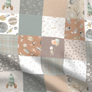 Little boy Cheater Quilt Fabric by the yard Space Travel Astronaut Quilt top rocketship to the moon and star whole cloth nursery boy boho