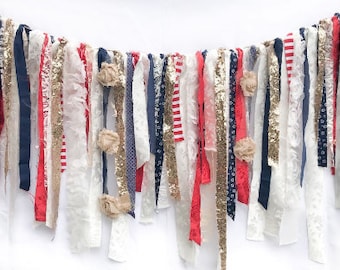 Fabric garland forth of july decor red white and blue 4th July banner Patriotic garland Independence Day decorations July 4th rag tie banner
