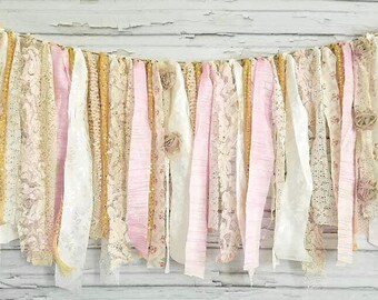 Pink and Gold Rag Garland gold pink fabric rag tie garland high chair banner gold birthday cake smash rag banner pink gold birthday decor