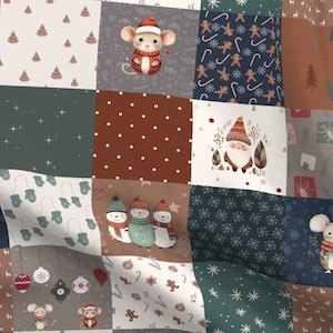 May include: A patchwork fabric featuring a variety of Christmas-themed patterns, including mice, snowmen, gnomes, and candy canes. The fabric is in shades of brown, green, blue, and white.