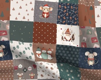 Christmas Cheater Quilt Fabric by the yard Christmas mice fabric holiday gnomes winter fabric snowmen christmas patchwork primitive fabric