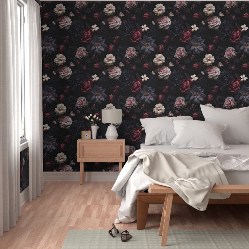 Victorian noir floral wallpaper with large flowers