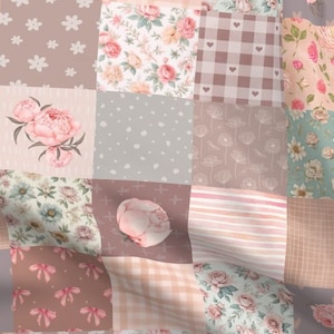 May include: A patchwork fabric with a variety of floral patterns in shades of pink, brown, and gray. The fabric features a variety of floral designs, including roses, peonies, and other delicate flowers.
