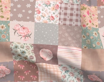 Boho Chic Cheater Quilt Fabric by the yard bright shabby chic fabric vintage patchwork fabric pink peony fabric floral cheater fabric peach