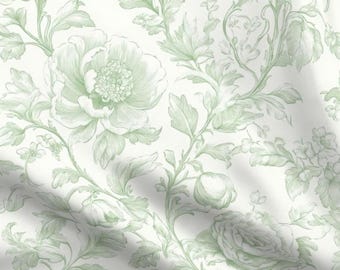 Soft Green Victorian Toile Fabric By The Yard French Provincial Floral Manor Shabby Chic Classic Rose Mossy Chinoiserie Whimsical Meadow