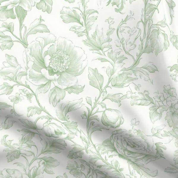 Soft Green Victorian Toile Fabric By The Yard French Provincial Floral Manor Shabby Chic Classic Rose Mossy Chinoiserie Whimsical Meadow