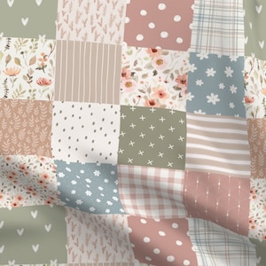 May include: A patchwork quilt fabric featuring a range of patterns in shades of pink, green, and blue. The patterns include floral prints, polka dots, plaid, and stripes.