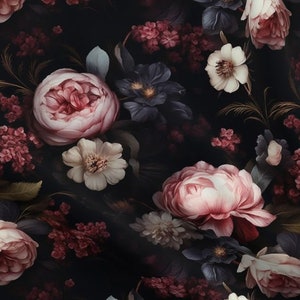 Victorian Noir Floral fabric by the yard dark romance gothic flower fabric dramatic dark moody home decor fabric black pink blush peony rose