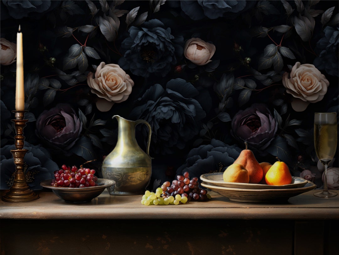Black Gothic Floral Wallpaper Dark Rose Victorian Cottage Romantic ...