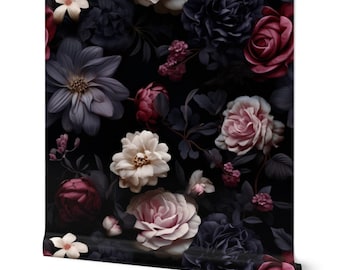 Zwart Bloemenbehang met roze pioenrozen donkere achtergrond humeurig behang romantische bloemen gotische glam peel and stick Victoriaanse noir bloemen