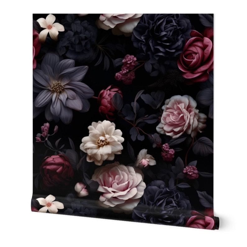 Black Floral Wallpaper with pink peonies