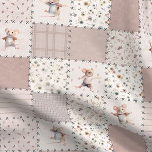 May include: A patchwork fabric with a pink and white color scheme features a repeating pattern of mice and floral designs. The fabric is perfect for quilting, crafting, and other sewing projects.