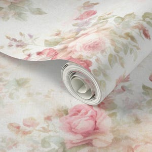 French Country floral Wallpaper peel stick shabby chic vintage romantic cottagecore soft pink rose flower removable farmhouse wallpaper